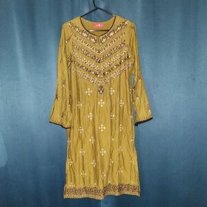 Olive Green Embroidered Long-Sleeve Women's Dress